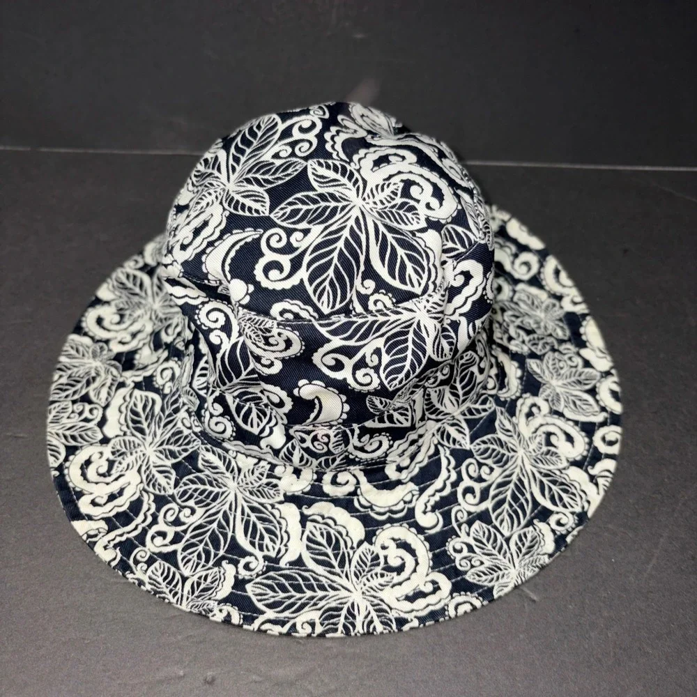 Navy Blue White Paisley Floral Cotton Bucket Hat Wide Brim Sun Hat RN 17730